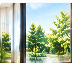 日差しのある窓と緑